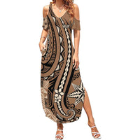 Personalized Tonga Ngatu Summer Maxi Dress Vintage Brown Manulua Motifs LT7 Women Brown - Polynesian Pride