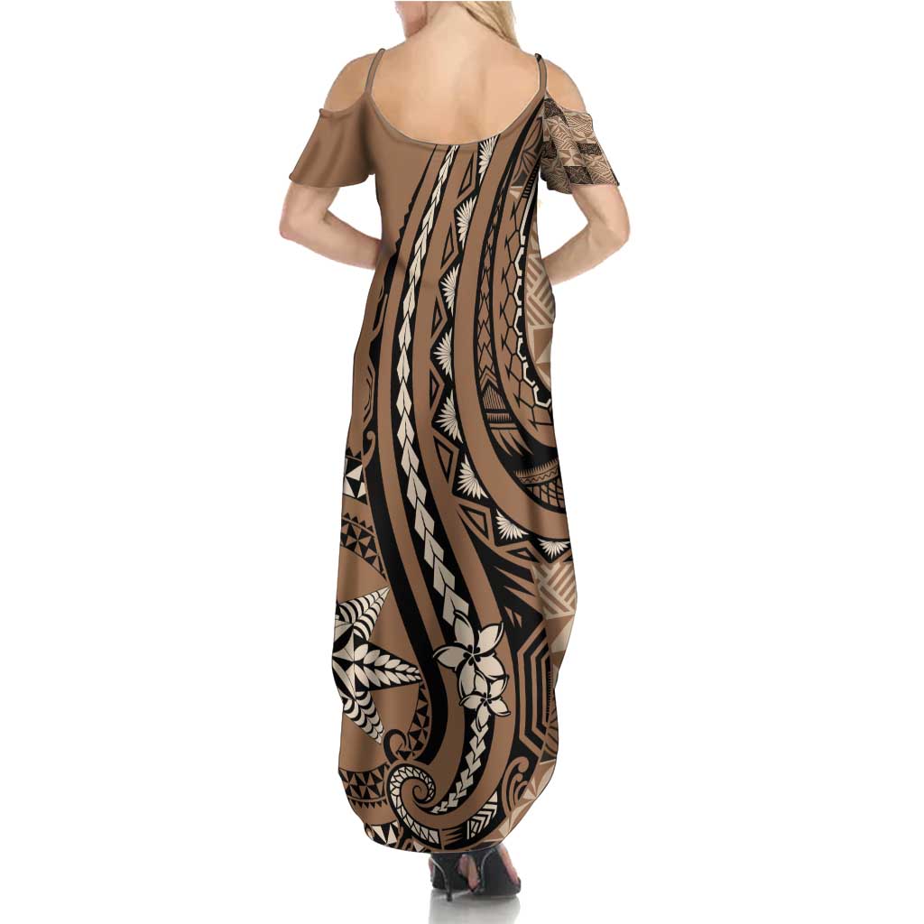 Personalized Tonga Ngatu Summer Maxi Dress Vintage Brown Manulua Motifs LT7 - Polynesian Pride