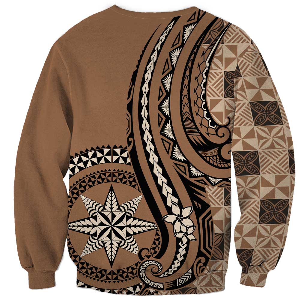 Personalized Tonga Ngatu Sweatshirt Vintage Brown Manulua Motifs LT7 - Polynesian Pride