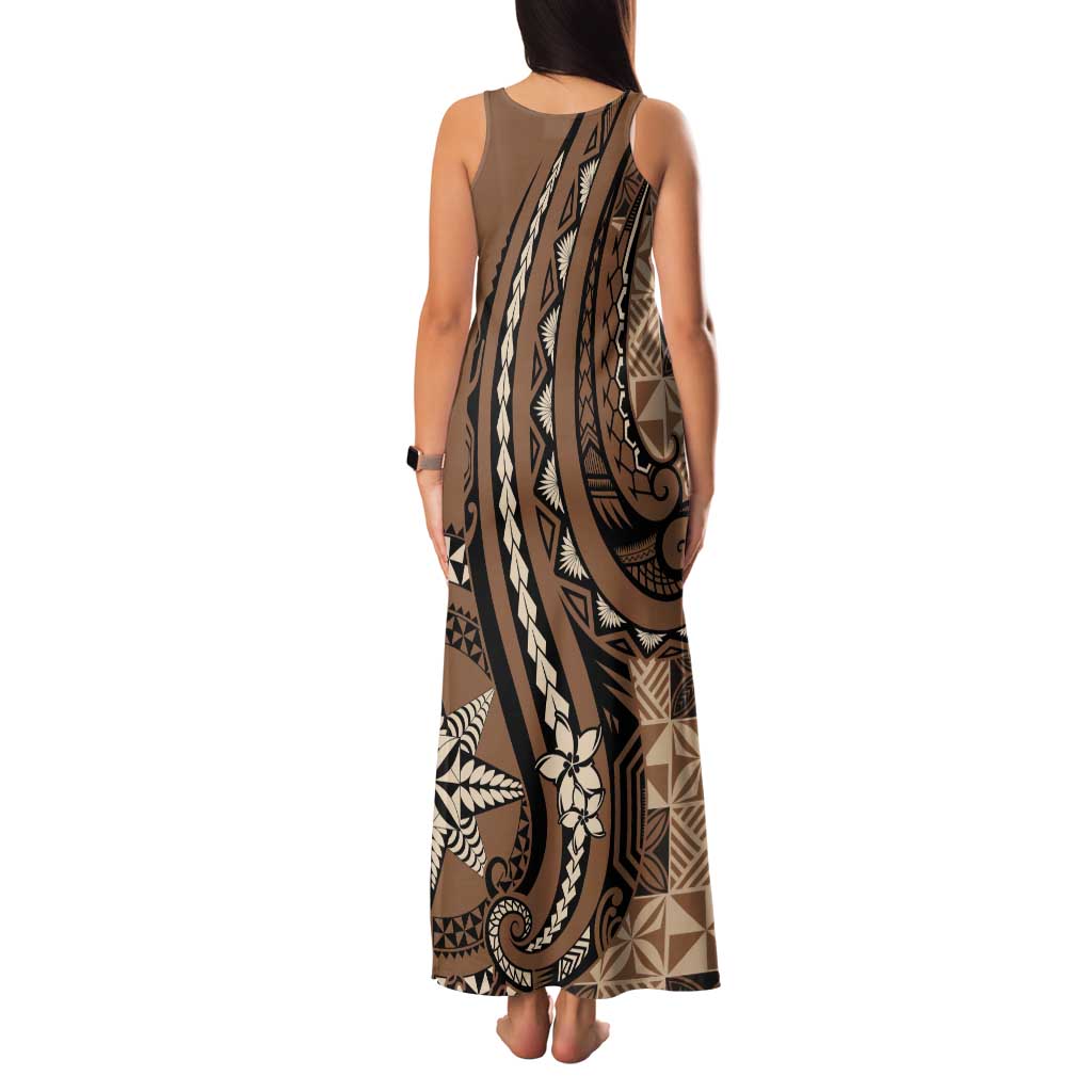 Personalized Tonga Ngatu Tank Maxi Dress Vintage Brown Manulua Motifs LT7 - Polynesian Pride