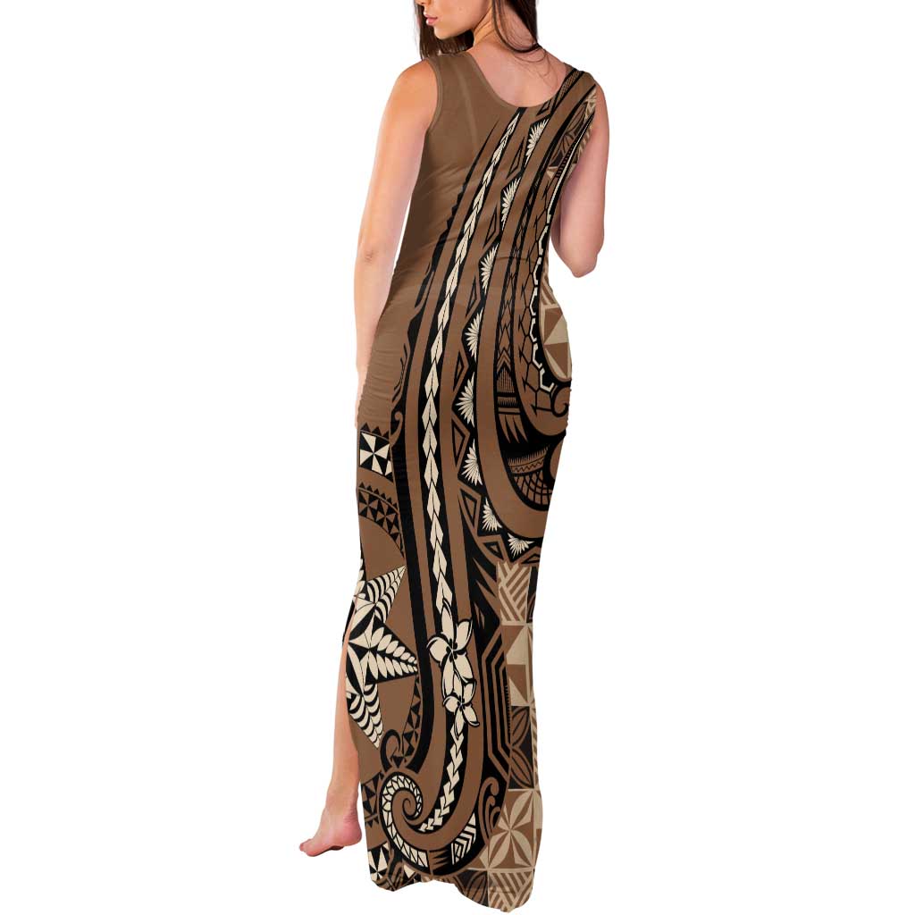 Personalized Tonga Ngatu Tank Maxi Dress Vintage Brown Manulua Motifs LT7 - Polynesian Pride