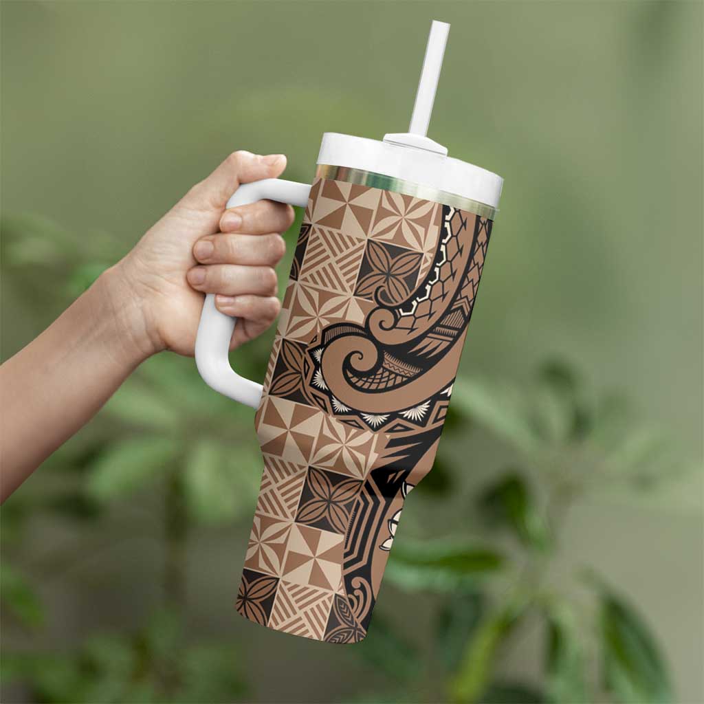 Personalized Tonga Ngatu Tumbler With Handle Vintage Brown Manulua Motifs LT7 - Polynesian Pride
