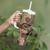 Personalized Tonga Ngatu Tumbler With Handle Vintage Brown Manulua Motifs LT7 - Polynesian Pride