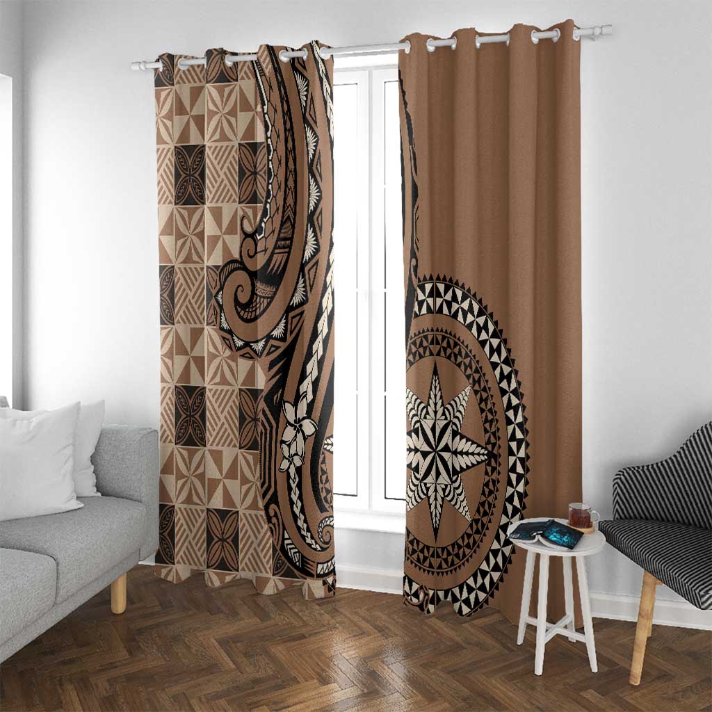 Tonga Ngatu Window Curtain Vintage Brown Manulua Motifs LT7 With Grommets Brown - Polynesian Pride