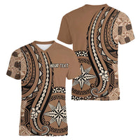 Personalized Tonga Ngatu Women V-Neck T-Shirt Vintage Brown Manulua Motifs