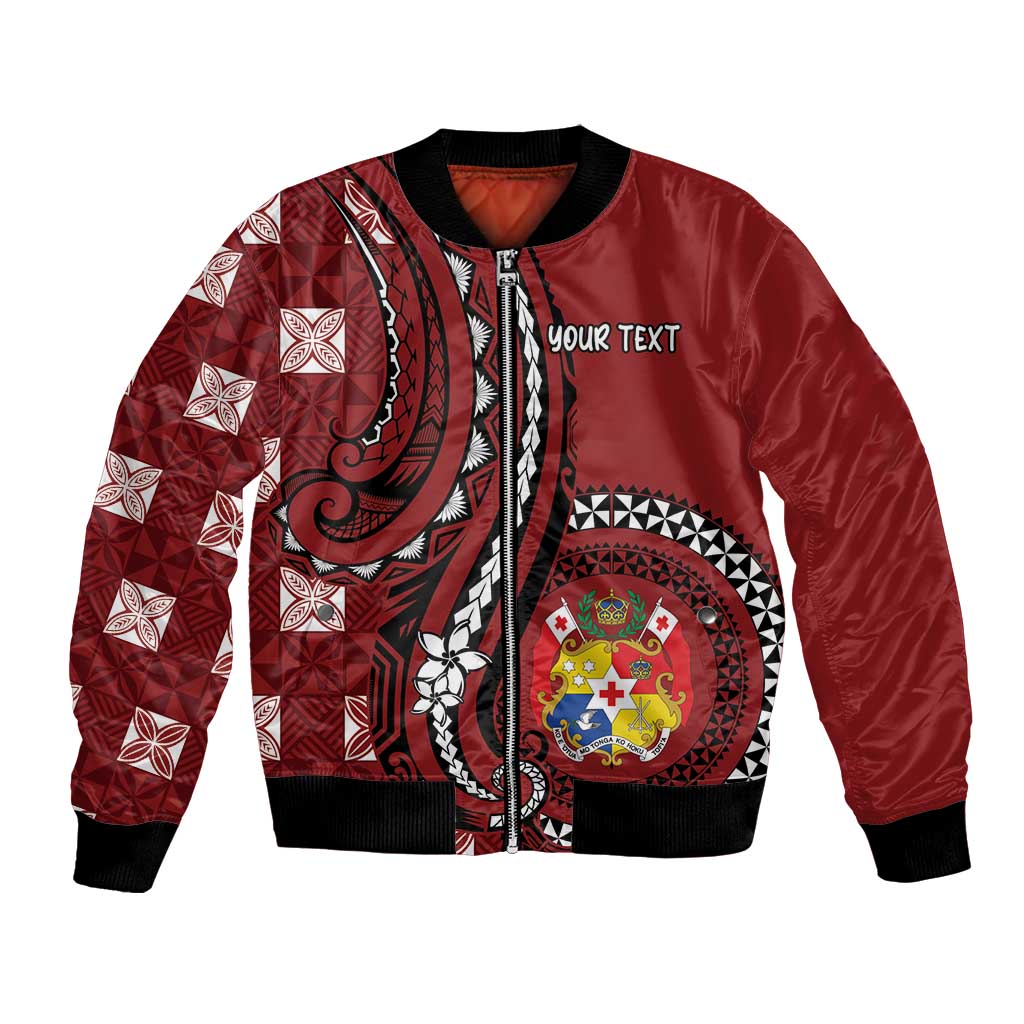 Personalized Tonga Ngatu Bomber Jacket Iconic Red Manulua Motifs