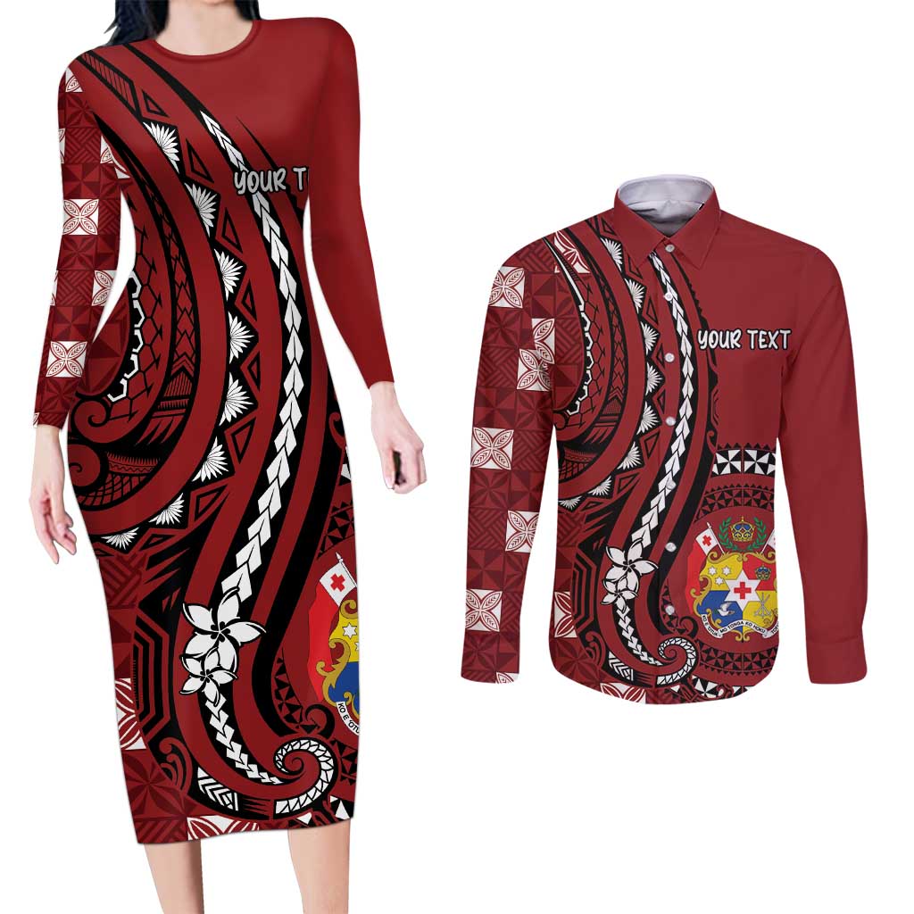 Personalized Tonga Ngatu Couples Matching Long Sleeve Bodycon Dress and Long Sleeve Button Shirt Iconic Red Manulua Motifs LT7 Red - Polynesian Pride