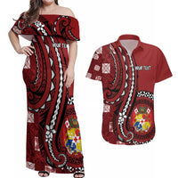 Personalized Tonga Ngatu Couples Matching Off Shoulder Maxi Dress and Hawaiian Shirt Iconic Red Manulua Motifs