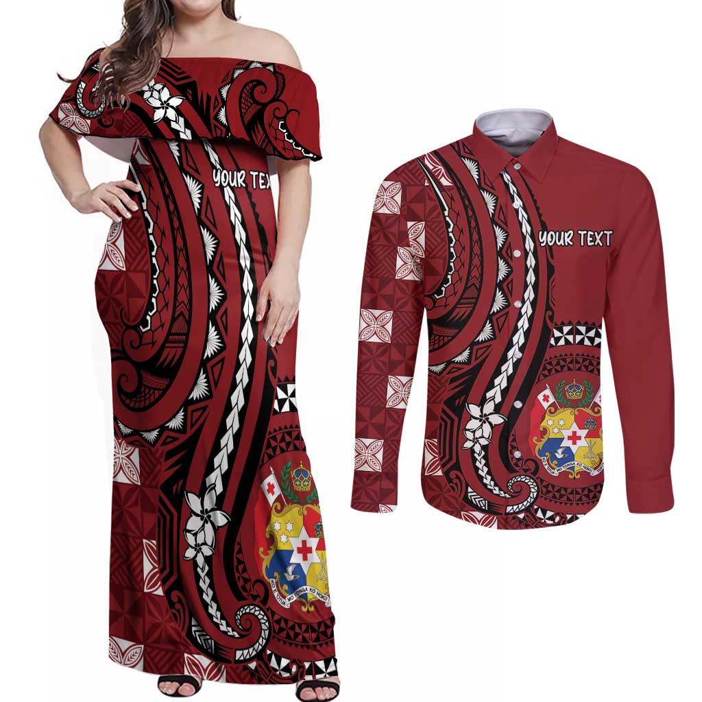 Personalized Tonga Ngatu Couples Matching Off Shoulder Maxi Dress and Long Sleeve Button Shirt Iconic Red Manulua Motifs LT7 Red - Polynesian Pride