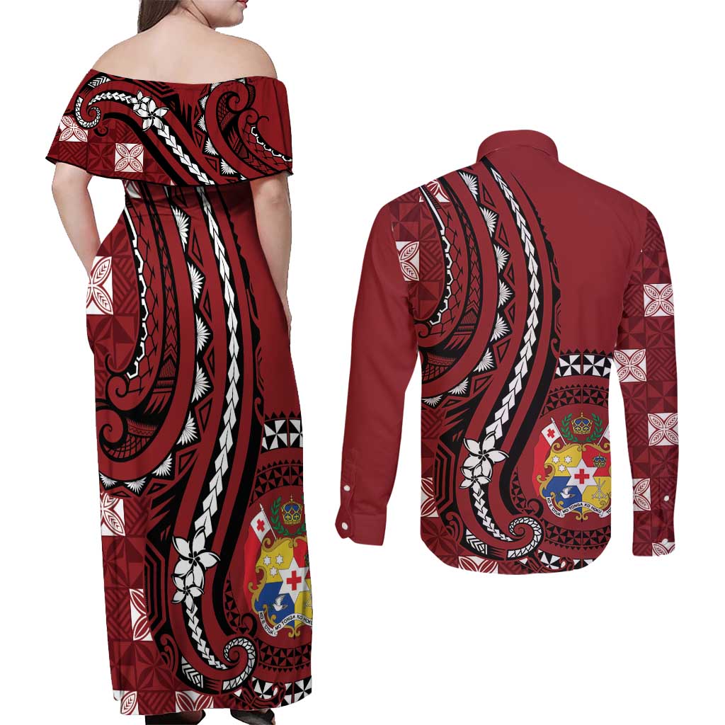 Personalized Tonga Ngatu Couples Matching Off Shoulder Maxi Dress and Long Sleeve Button Shirt Iconic Red Manulua Motifs LT7 - Polynesian Pride