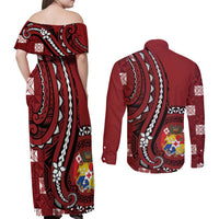 Personalized Tonga Ngatu Couples Matching Off Shoulder Maxi Dress and Long Sleeve Button Shirt Iconic Red Manulua Motifs LT7 - Polynesian Pride