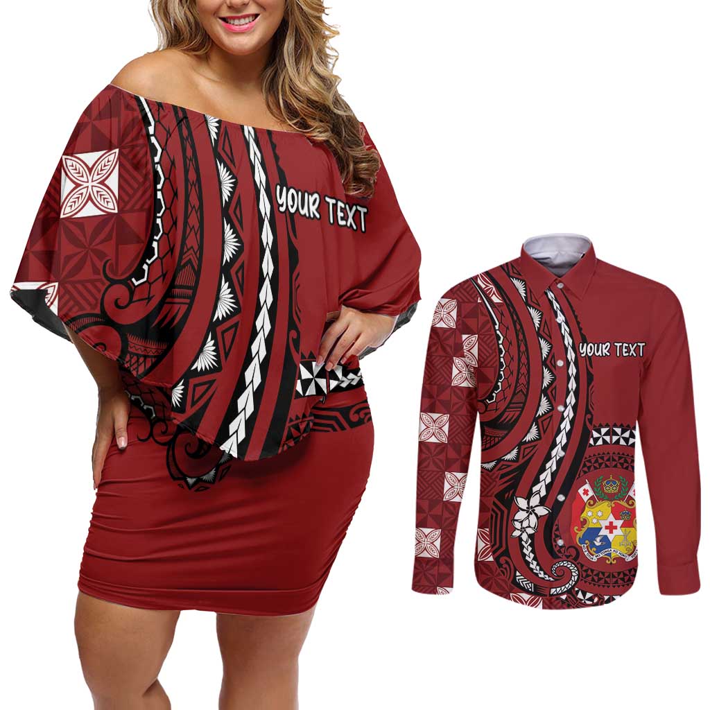 Personalized Tonga Ngatu Couples Matching Off Shoulder Short Dress and Long Sleeve Button Shirt Iconic Red Manulua Motifs LT7 Red - Polynesian Pride