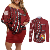 Personalized Tonga Ngatu Couples Matching Off Shoulder Short Dress and Long Sleeve Button Shirt Iconic Red Manulua Motifs LT7 Red - Polynesian Pride