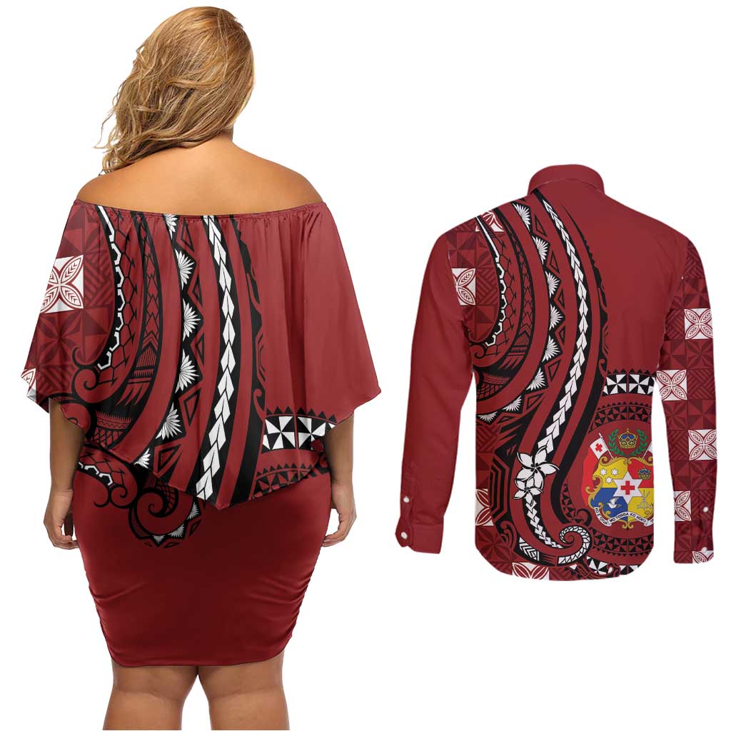 Personalized Tonga Ngatu Couples Matching Off Shoulder Short Dress and Long Sleeve Button Shirt Iconic Red Manulua Motifs LT7 - Polynesian Pride