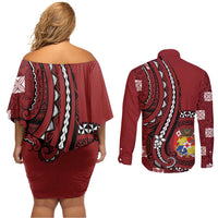 Personalized Tonga Ngatu Couples Matching Off Shoulder Short Dress and Long Sleeve Button Shirt Iconic Red Manulua Motifs LT7 - Polynesian Pride