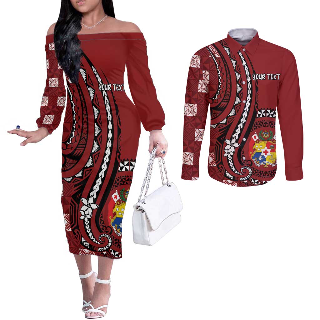 Personalized Tonga Ngatu Couples Matching Off The Shoulder Long Sleeve Dress and Long Sleeve Button Shirt Iconic Red Manulua Motifs LT7 Red - Polynesian Pride