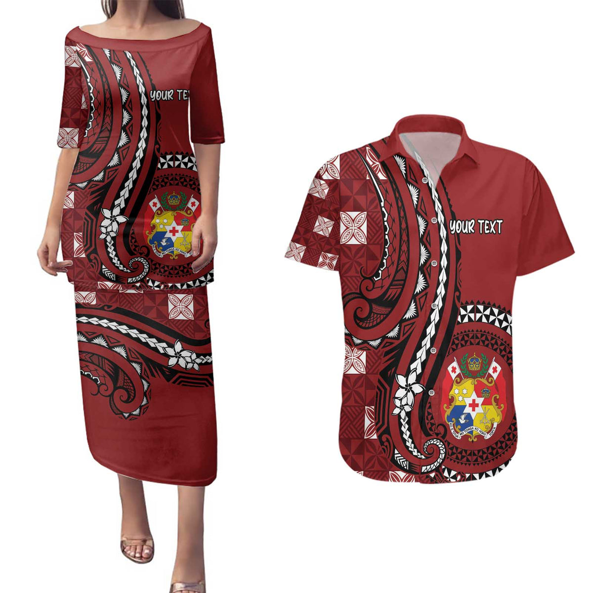 Personalized Tonga Ngatu Couples Matching Puletasi and Hawaiian Shirt Iconic Red Manulua Motifs LT7 Red - Polynesian Pride
