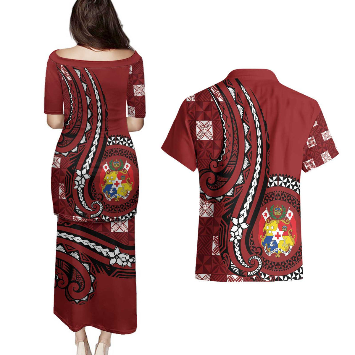 Personalized Tonga Ngatu Couples Matching Puletasi and Hawaiian Shirt Iconic Red Manulua Motifs LT7 - Polynesian Pride