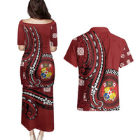 Personalized Tonga Ngatu Couples Matching Puletasi and Hawaiian Shirt Iconic Red Manulua Motifs LT7 - Polynesian Pride