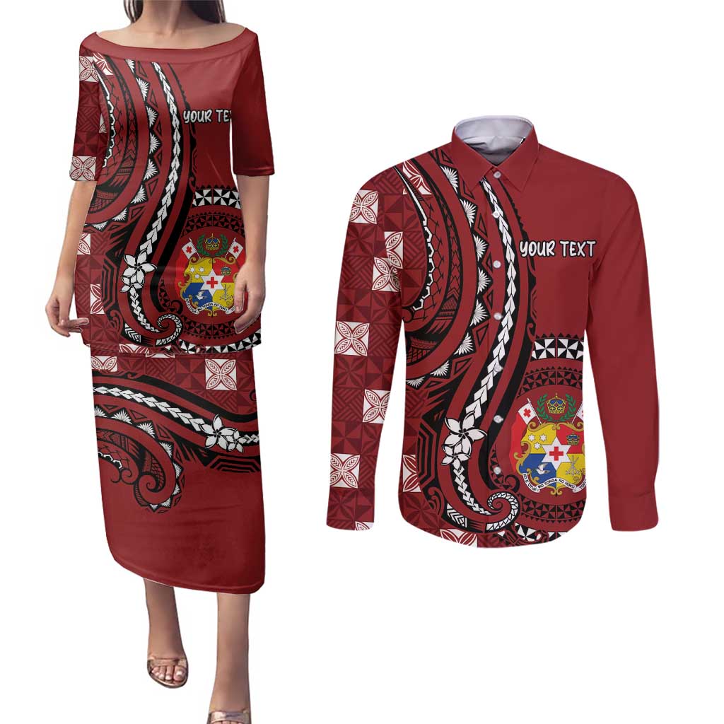 Personalized Tonga Ngatu Couples Matching Puletasi and Long Sleeve Button Shirt Iconic Red Manulua Motifs LT7 Red - Polynesian Pride