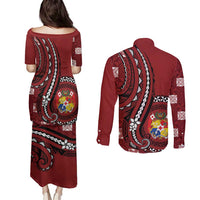 Personalized Tonga Ngatu Couples Matching Puletasi and Long Sleeve Button Shirt Iconic Red Manulua Motifs LT7 - Polynesian Pride