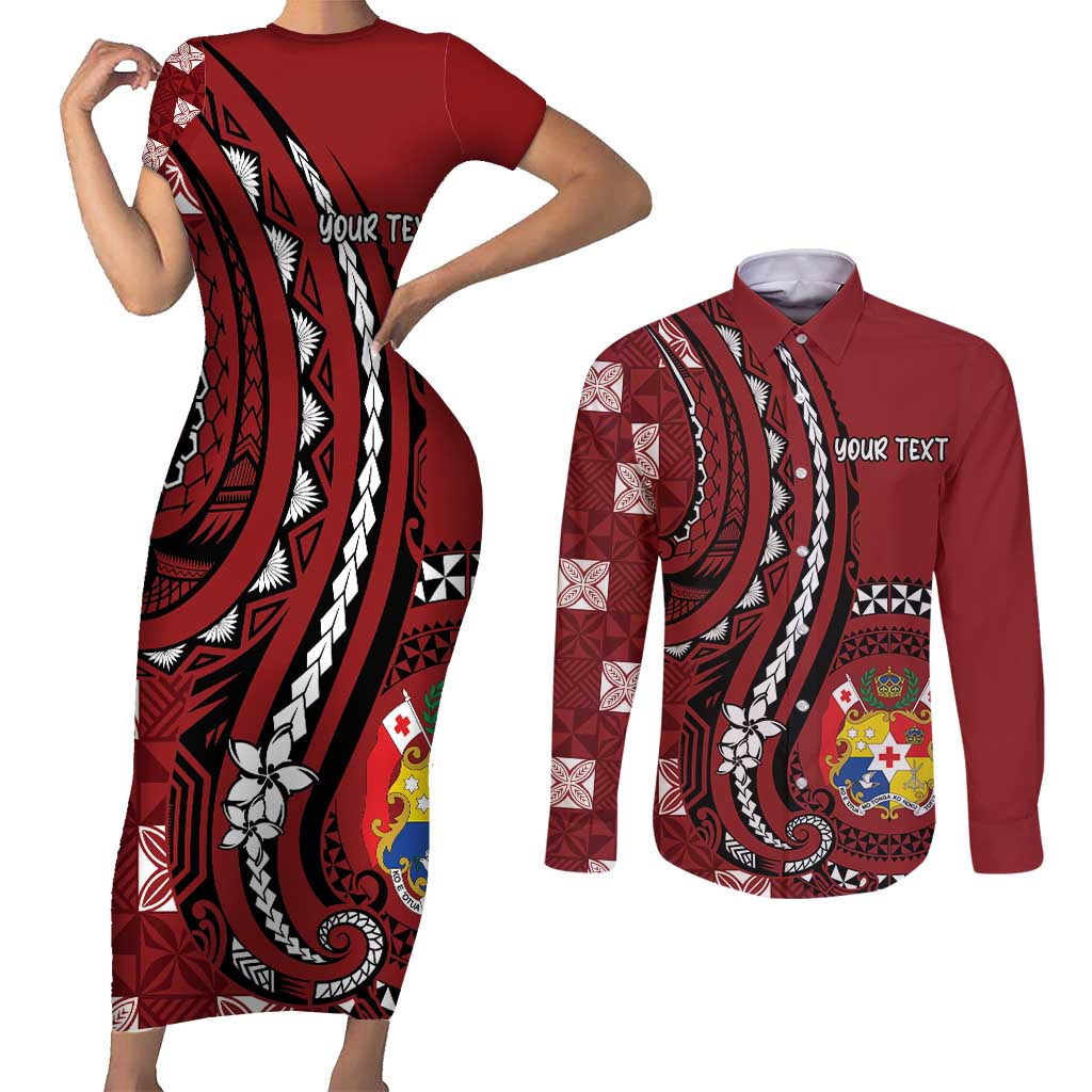 Personalized Tonga Ngatu Couples Matching Short Sleeve Bodycon Dress and Long Sleeve Button Shirt Iconic Red Manulua Motifs LT7 Red - Polynesian Pride