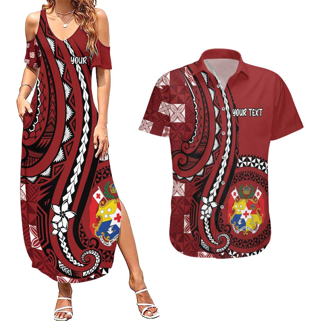 Personalized Tonga Ngatu Couples Matching Summer Maxi Dress and Hawaiian Shirt Iconic Red Manulua Motifs LT7 Red - Polynesian Pride