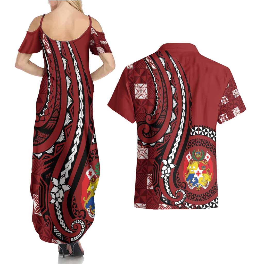 Personalized Tonga Ngatu Couples Matching Summer Maxi Dress and Hawaiian Shirt Iconic Red Manulua Motifs LT7 - Polynesian Pride