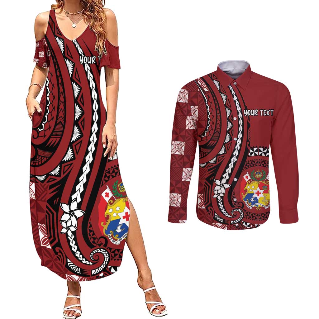 Personalized Tonga Ngatu Couples Matching Summer Maxi Dress and Long Sleeve Button Shirt Iconic Red Manulua Motifs LT7 Red - Polynesian Pride