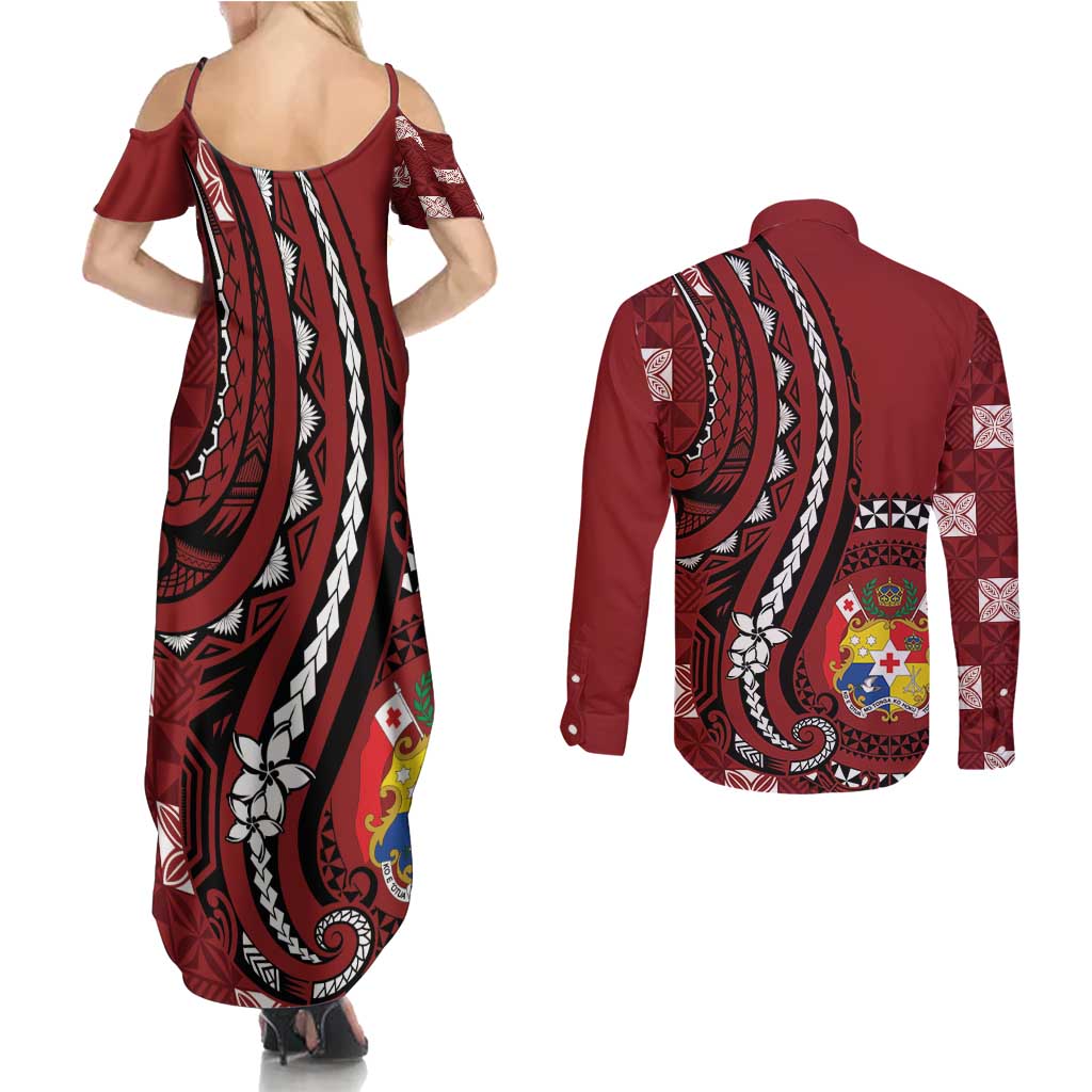 Personalized Tonga Ngatu Couples Matching Summer Maxi Dress and Long Sleeve Button Shirt Iconic Red Manulua Motifs LT7 - Polynesian Pride