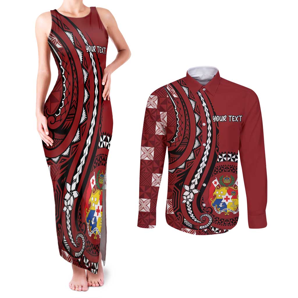Personalized Tonga Ngatu Couples Matching Tank Maxi Dress and Long Sleeve Button Shirt Iconic Red Manulua Motifs LT7 Red - Polynesian Pride