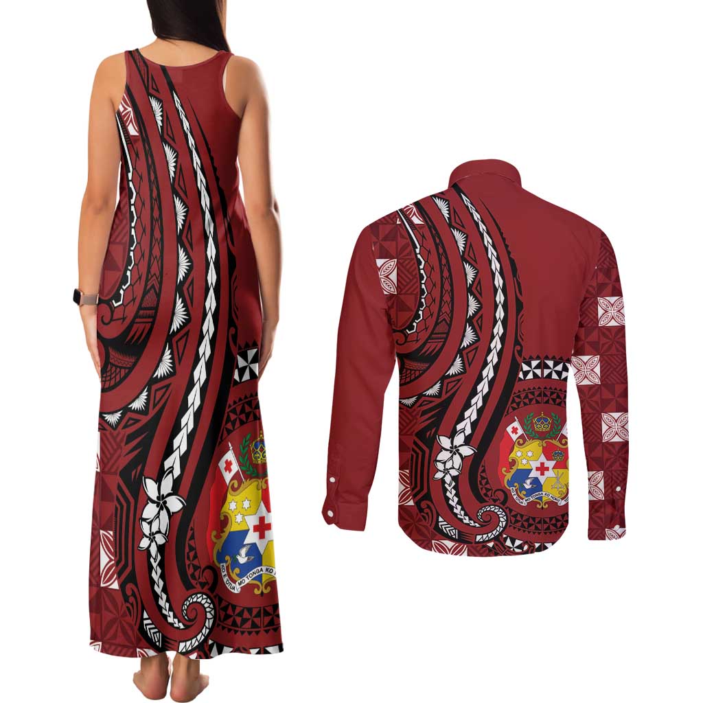 Personalized Tonga Ngatu Couples Matching Tank Maxi Dress and Long Sleeve Button Shirt Iconic Red Manulua Motifs LT7 - Polynesian Pride
