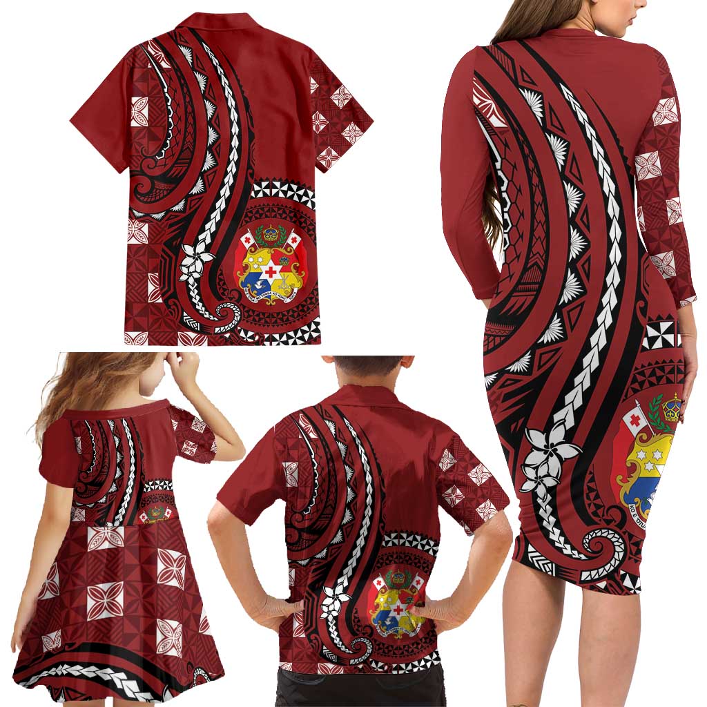 Personalized Tonga Ngatu Family Matching Long Sleeve Bodycon Dress and Hawaiian Shirt Iconic Red Manulua Motifs