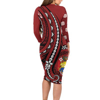 Personalized Tonga Ngatu Family Matching Long Sleeve Bodycon Dress and Hawaiian Shirt Iconic Red Manulua Motifs