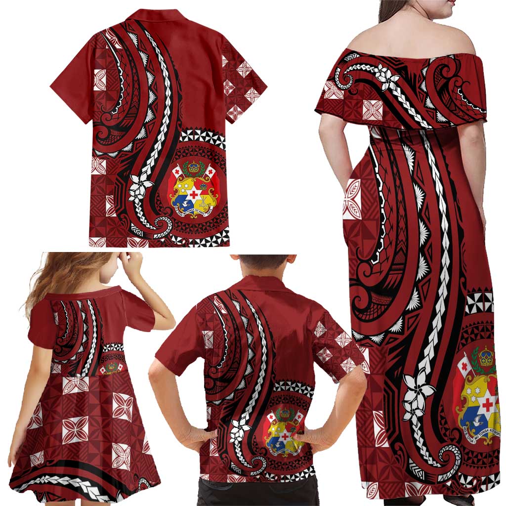 Personalized Tonga Ngatu Family Matching Off Shoulder Maxi Dress and Hawaiian Shirt Iconic Red Manulua Motifs