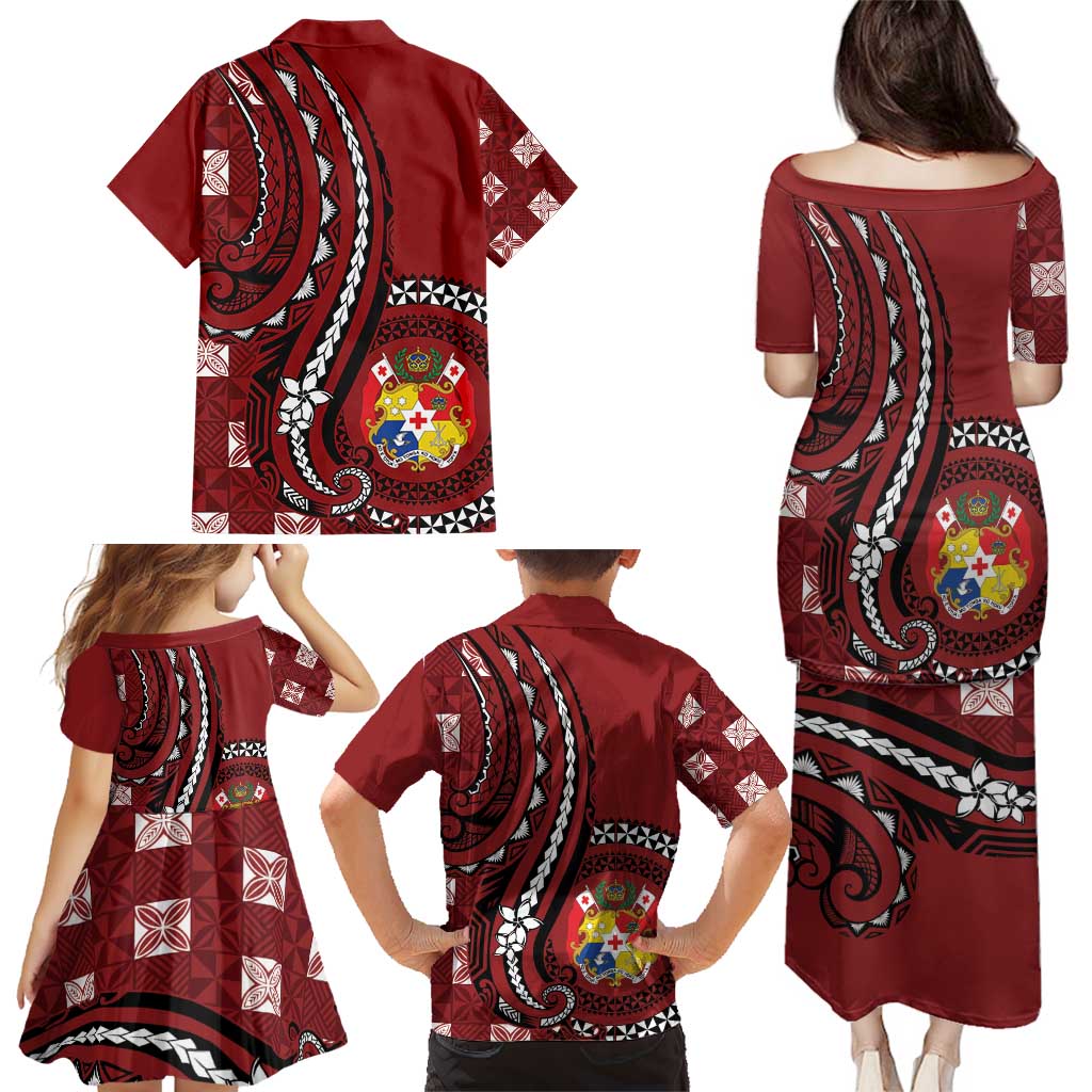 Personalized Tonga Ngatu Family Matching Puletasi and Hawaiian Shirt Iconic Red Manulua Motifs