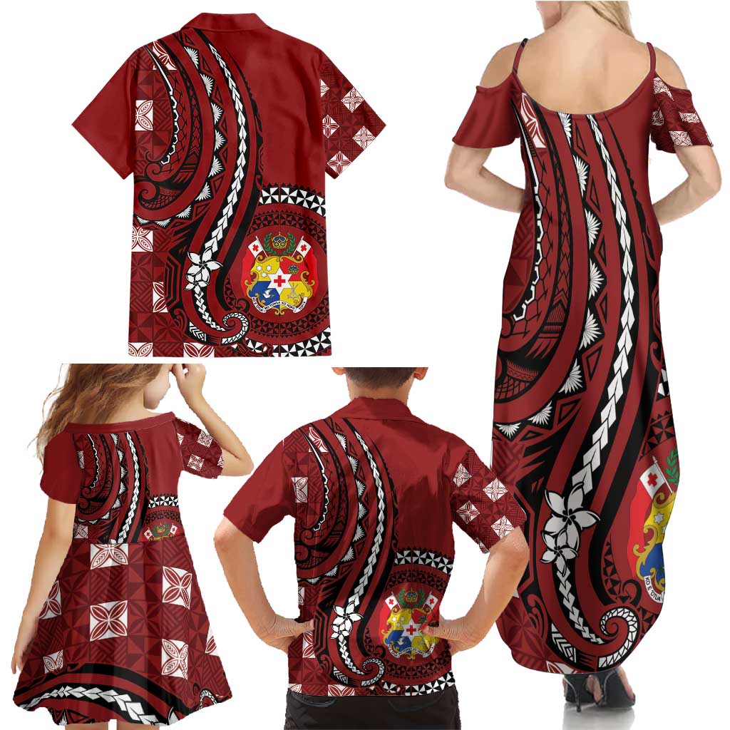 Personalized Tonga Ngatu Family Matching Summer Maxi Dress and Hawaiian Shirt Iconic Red Manulua Motifs