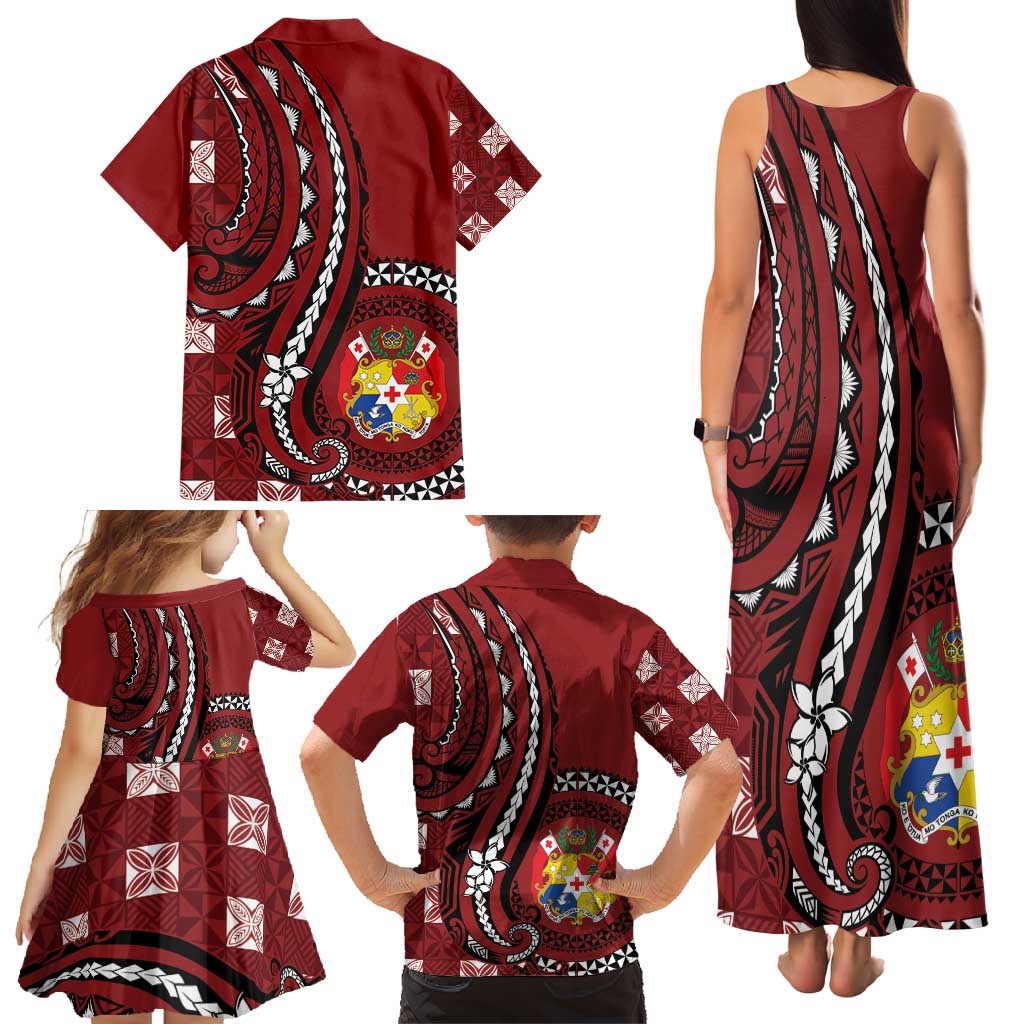 Personalized Tonga Ngatu Family Matching Tank Maxi Dress and Hawaiian Shirt Iconic Red Manulua Motifs