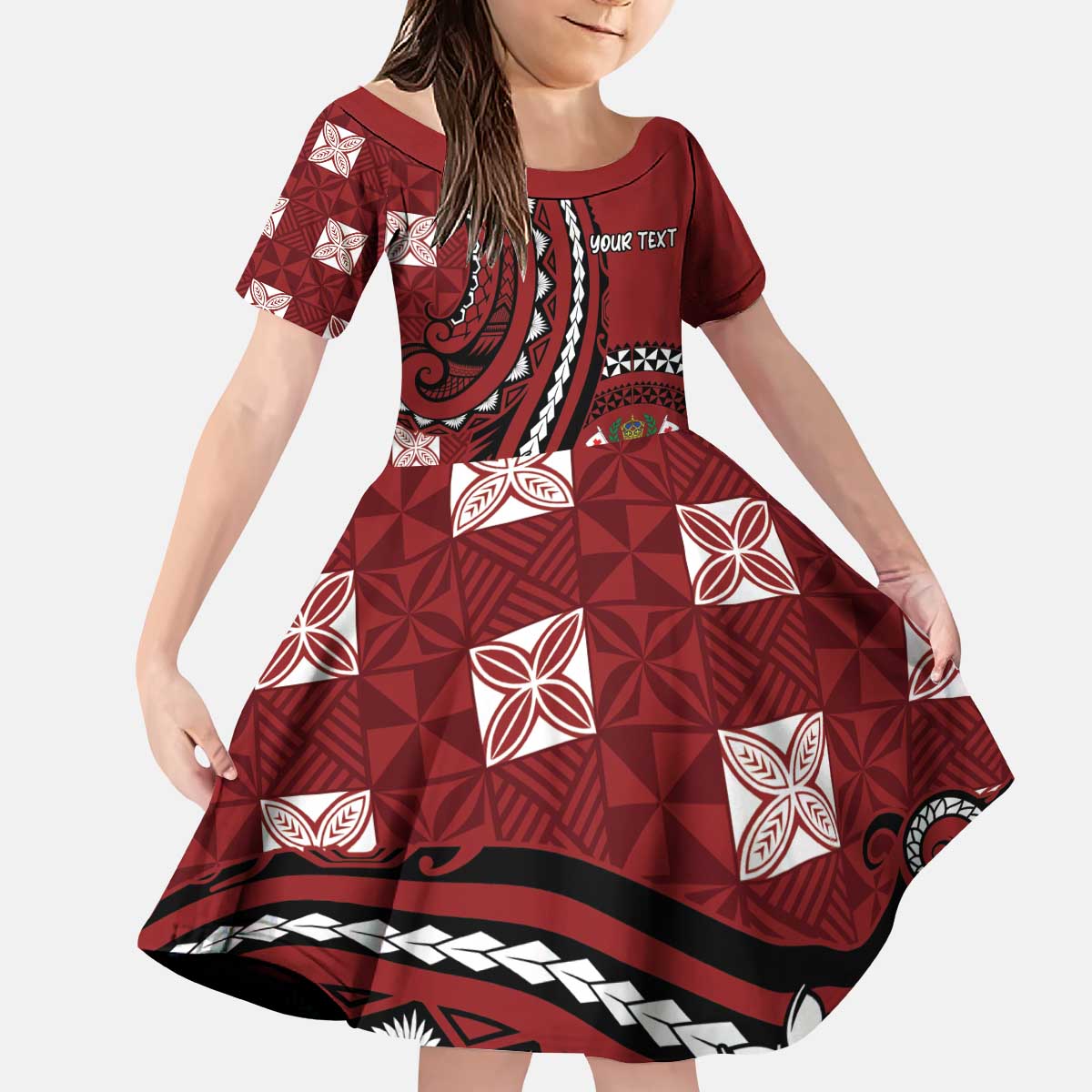 Personalized Tonga Ngatu Kid Short Sleeve Dress Iconic Red Manulua Motifs LT7 KID Red - Polynesian Pride