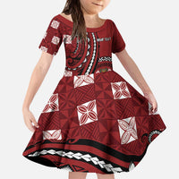 Personalized Tonga Ngatu Kid Short Sleeve Dress Iconic Red Manulua Motifs LT7 KID Red - Polynesian Pride