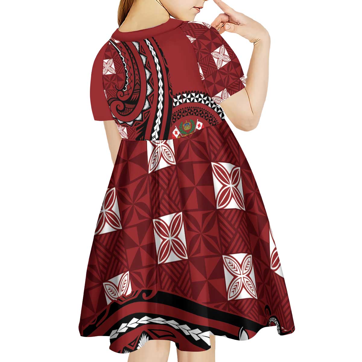 Personalized Tonga Ngatu Kid Short Sleeve Dress Iconic Red Manulua Motifs LT7 - Polynesian Pride