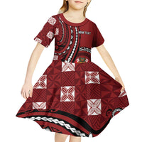 Personalized Tonga Ngatu Kid Short Sleeve Dress Iconic Red Manulua Motifs LT7 - Polynesian Pride