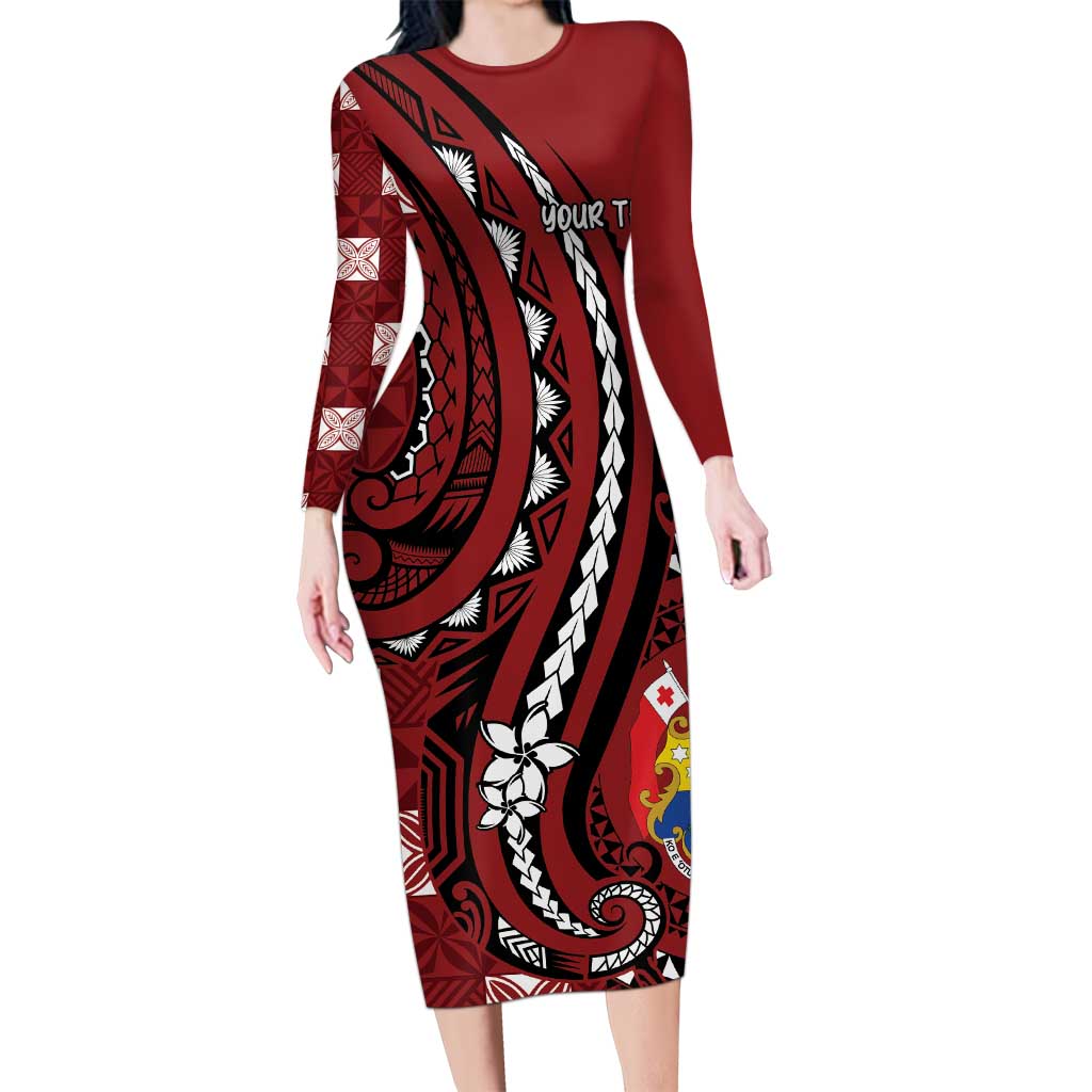 Personalized Tonga Ngatu Long Sleeve Bodycon Dress Iconic Red Manulua Motifs