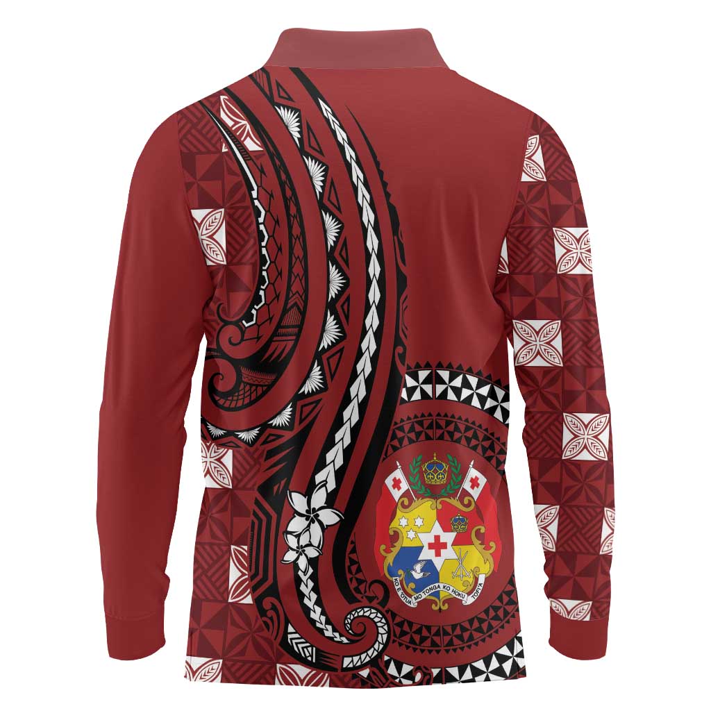 Personalized Tonga Ngatu Long Sleeve Polo Shirt Iconic Red Manulua Motifs