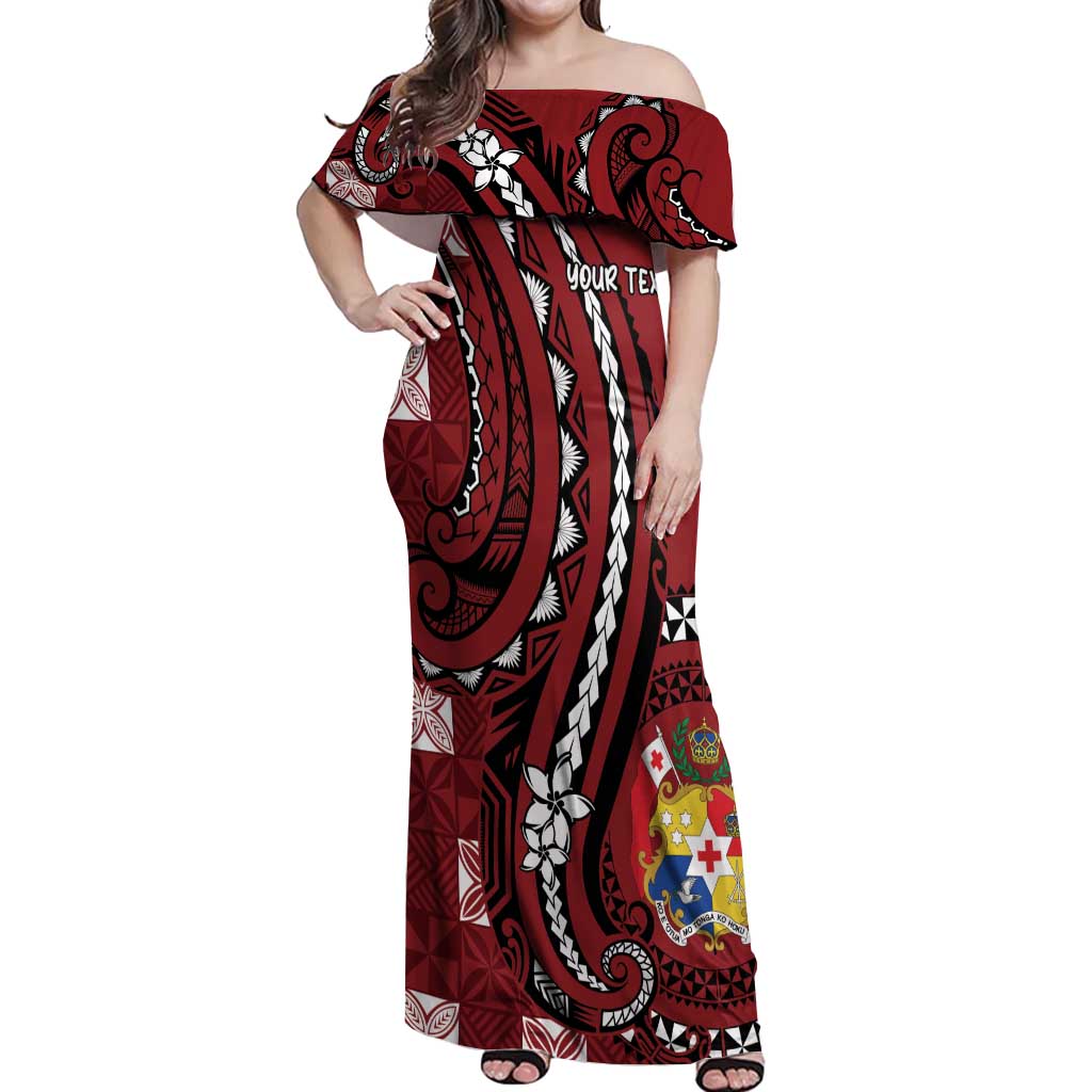 Personalized Tonga Ngatu Off Shoulder Maxi Dress Iconic Red Manulua Motifs