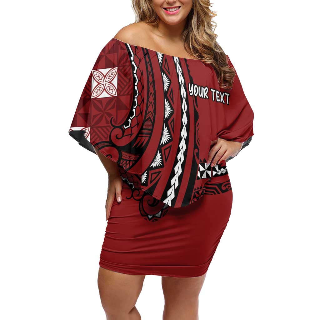 Personalized Tonga Ngatu Off Shoulder Short Dress Iconic Red Manulua Motifs