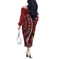Personalized Tonga Ngatu Off The Shoulder Long Sleeve Dress Iconic Red Manulua Motifs