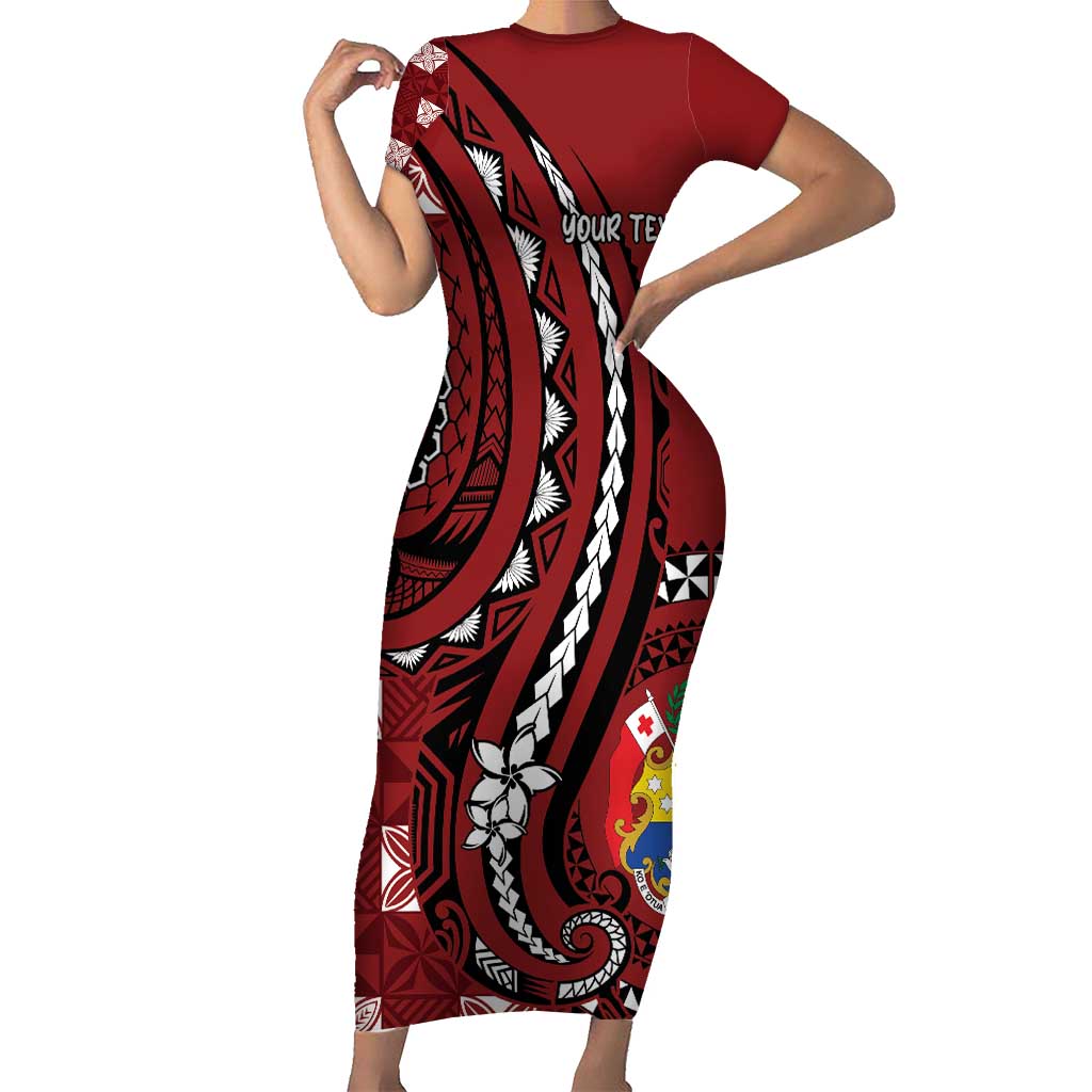 Personalized Tonga Ngatu Short Sleeve Bodycon Dress Iconic Red Manulua Motifs