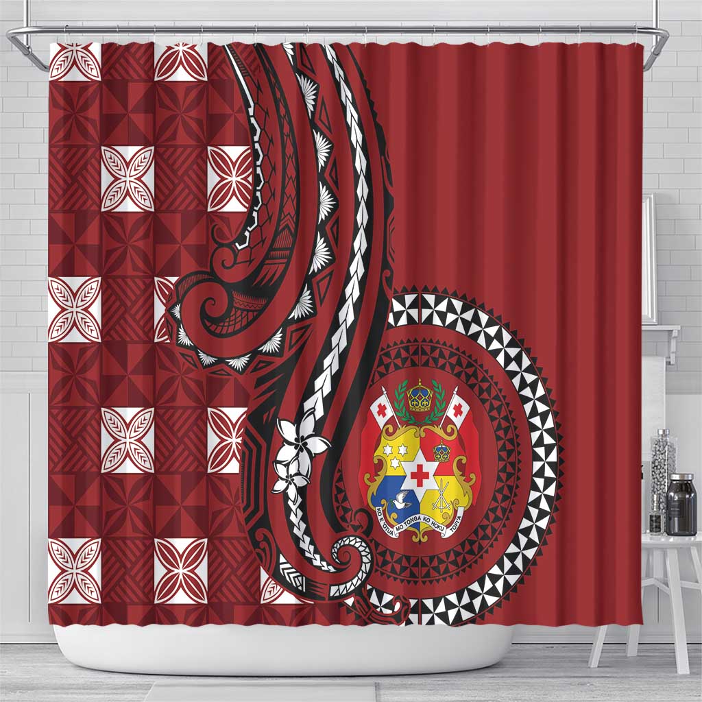 Tonga Ngatu Shower Curtain Iconic Red Manulua Motifs