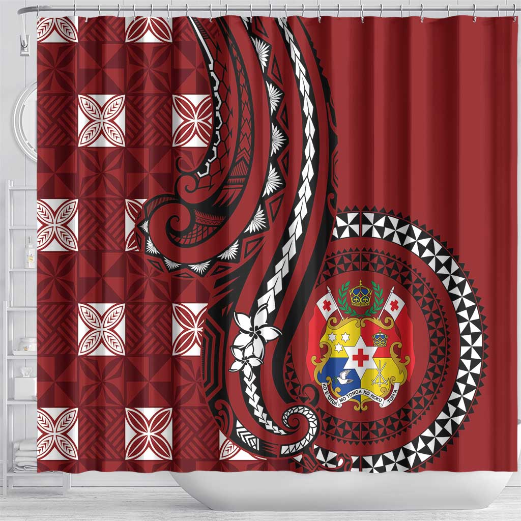Tonga Ngatu Shower Curtain Iconic Red Manulua Motifs